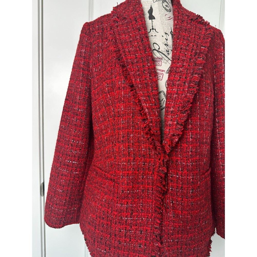 Chico's Red Tweed Blazer Jacket Fringe Metallic Open Front Women's US 1 (8) - Picture 4 of 8